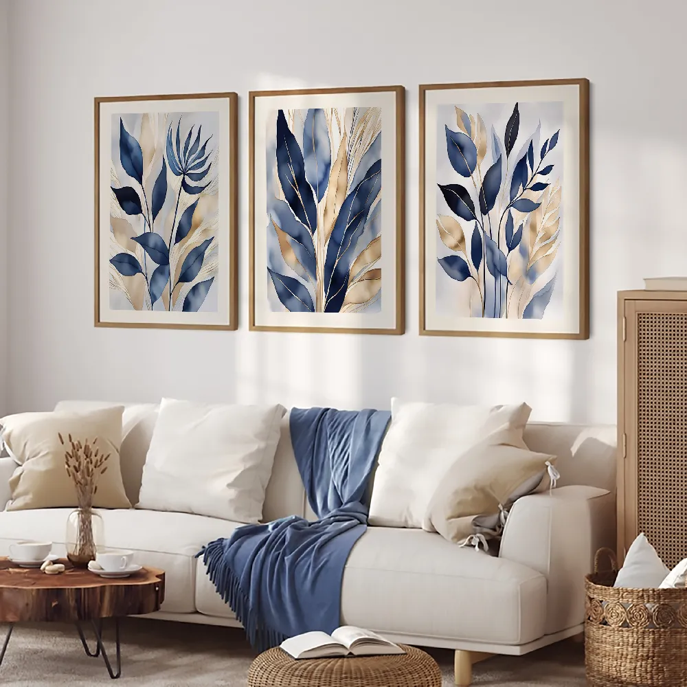Set of wall art painting,Leaves In Blue