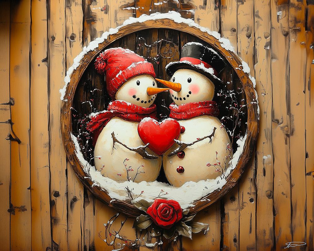 Wall Art Painting id:777503, Name: Snowmen Hearts, Artist: Stewart, Shawna