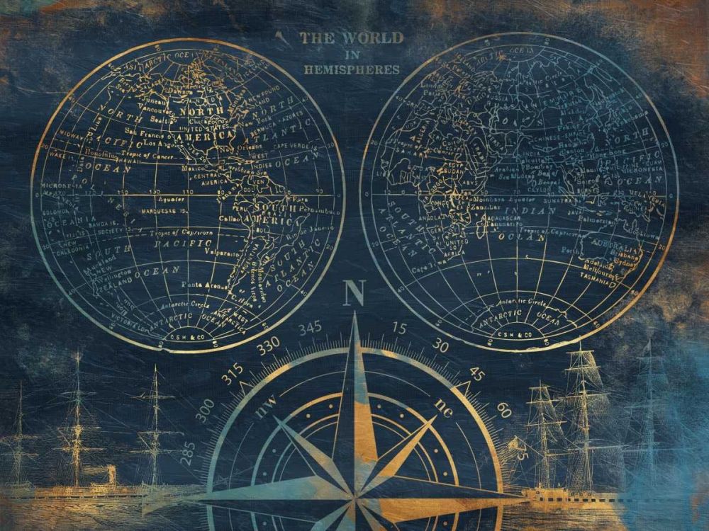 Wall art: Golden Sea Blue Map, by Grey, Jace