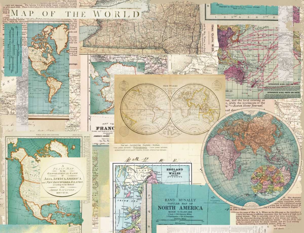 Art Print: Ivory Blue Maps Collage