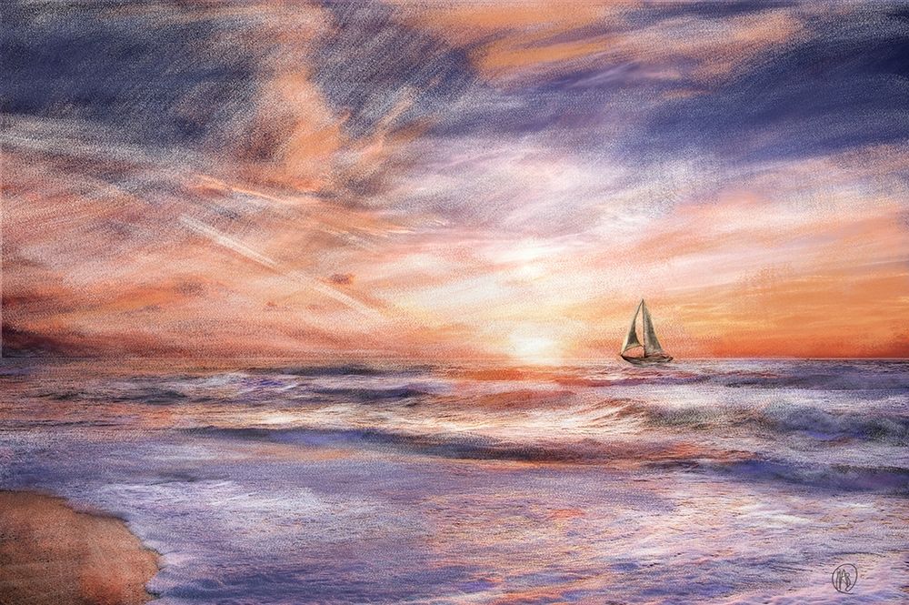 Wall Art Painting id:208211, Name: Sunset Sailboat, Artist: Butcher, Sarah