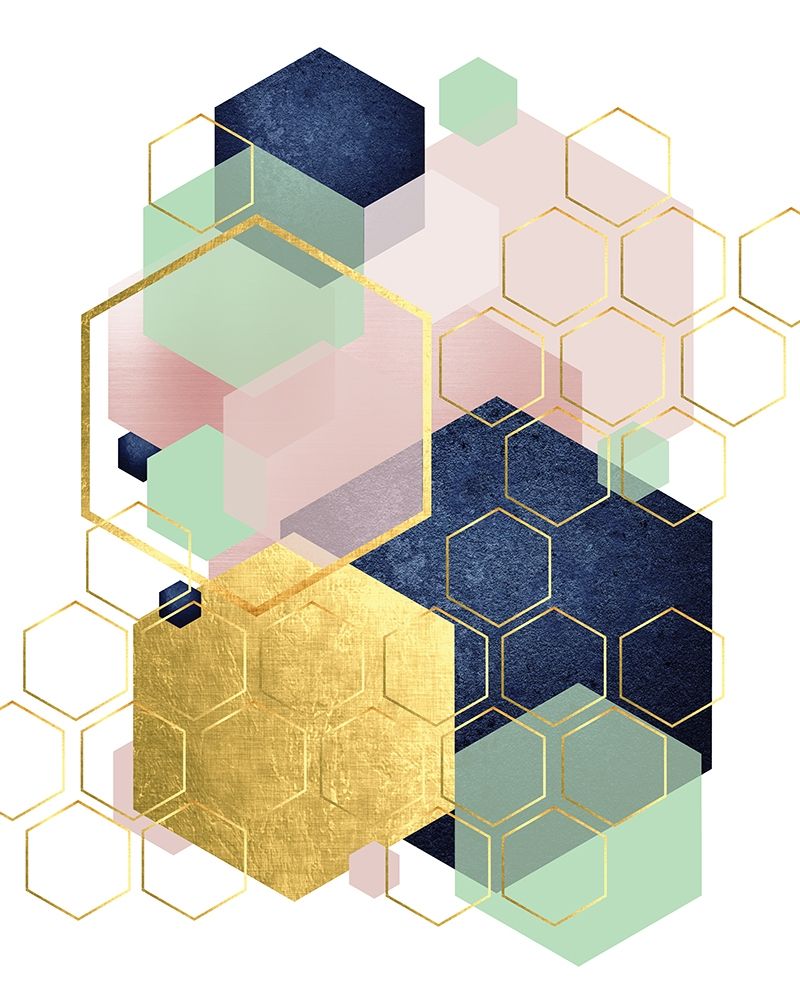 Wall Art Painting id:257642, Name: Gold Blush Navy Mint Hexagonal, Artist: Urban Epiphany