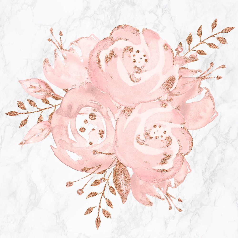 Art Print: Floral Bouquet Rose Gold Pink Glitter on Marble