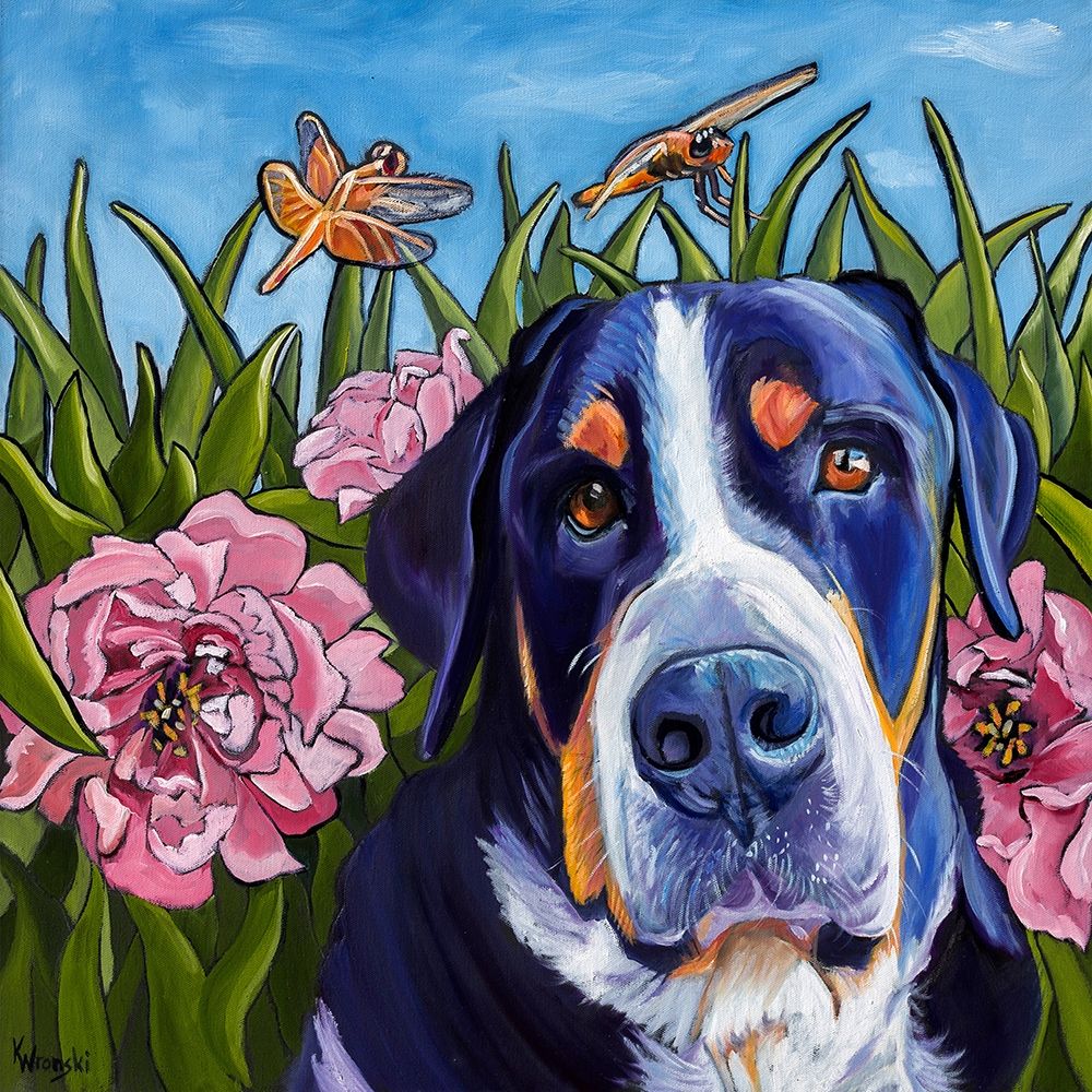 Art Print: Dog and Dragonflies