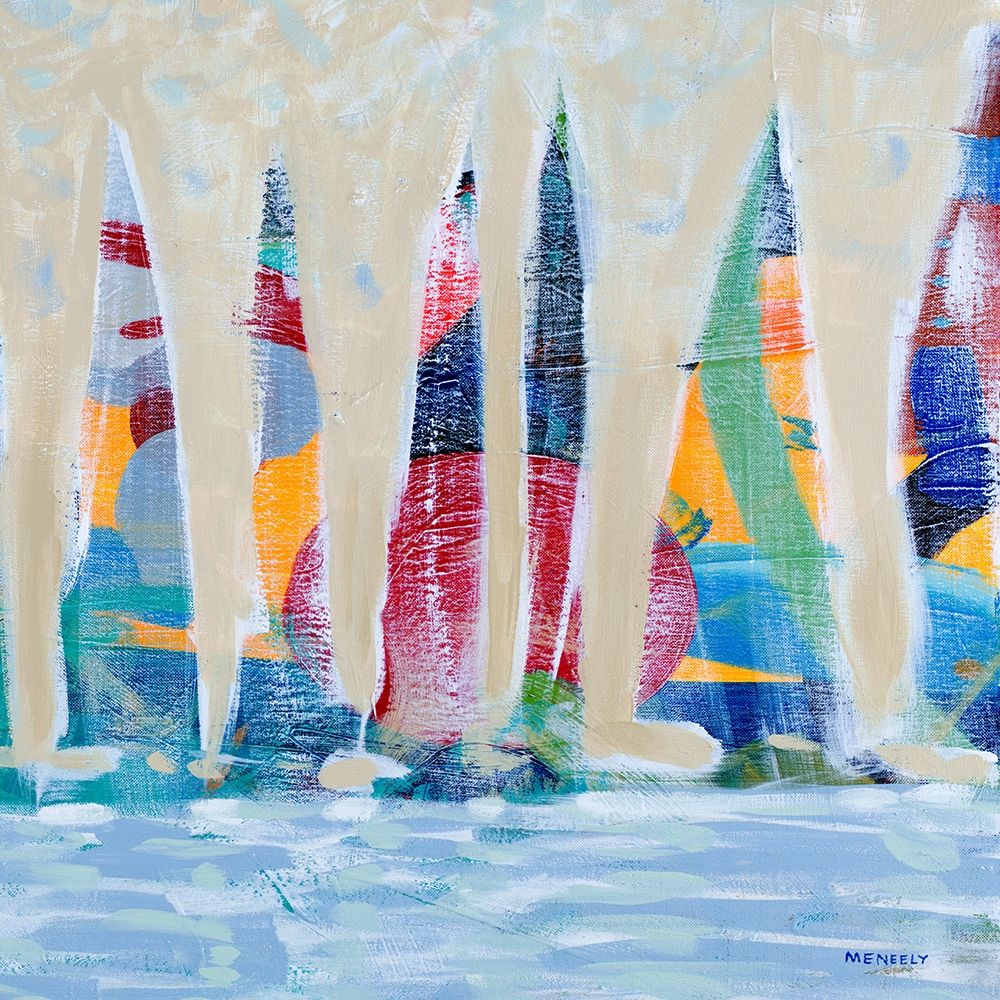 Wall Art Painting id:337853, Name: Dozen Colorful Boats Square II, Artist: Meneely, Dan