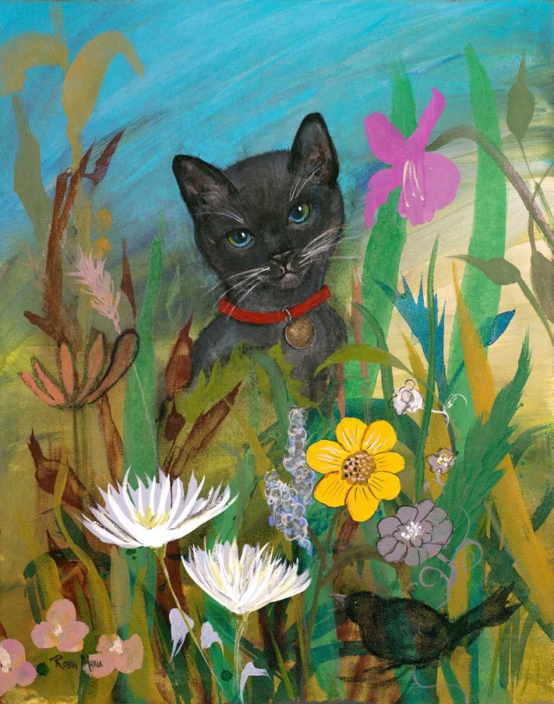 Wall Art Painting id:47625, Name: Cat in the Garden, Artist: Maria, Robin
