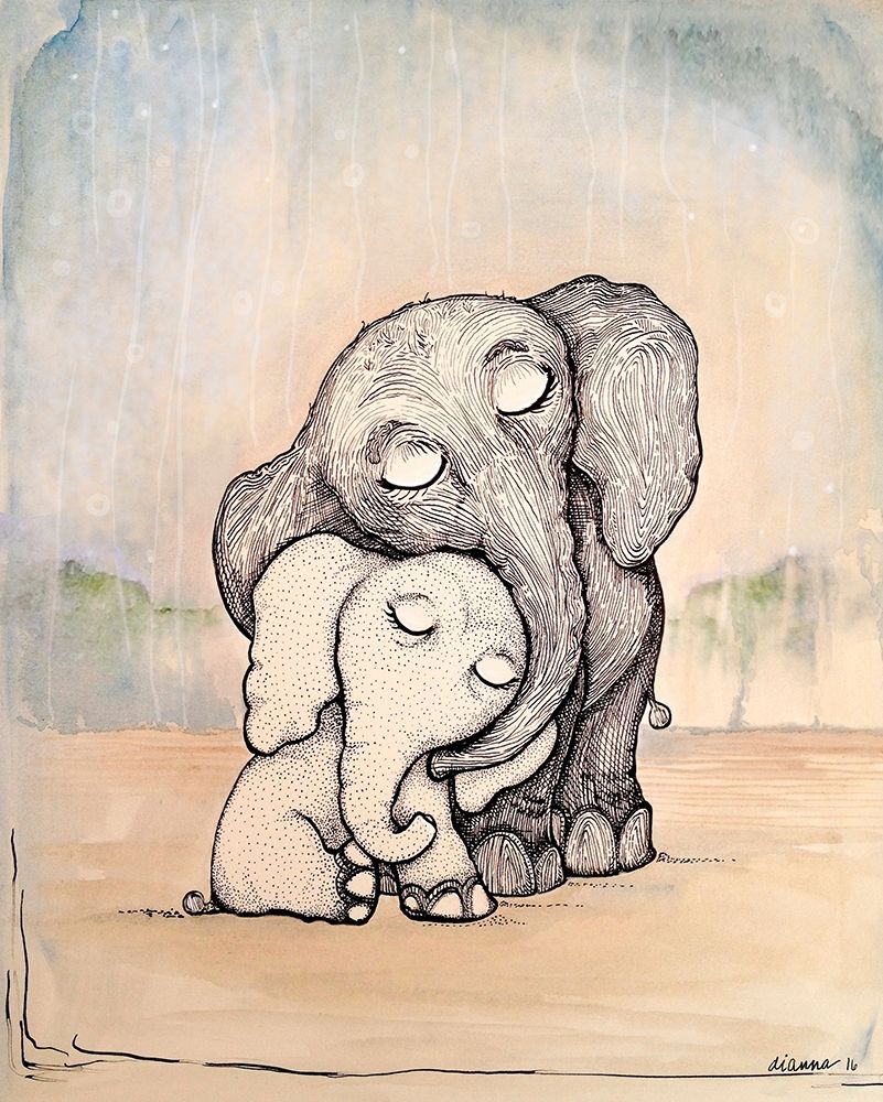 Art Print: Whimsical Mom and Baby Elephant
