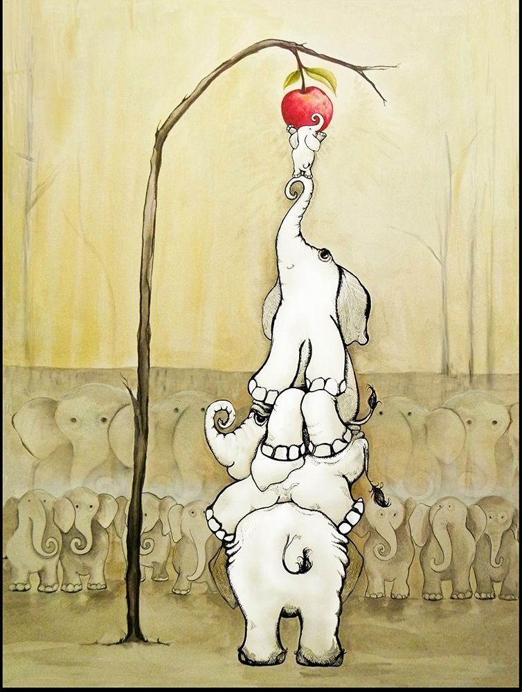 Art Print: Whimsical Elephants with Red Apple