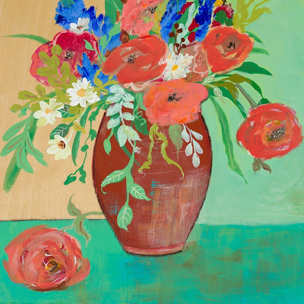 Wall Art Painting id:270702, Name: Vase of Peach and Blue Roses, Artist: Maria, Robin