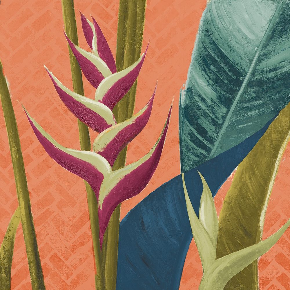 Wall Art Painting id:310381, Name: Heliconias with Leaves on Orange, Artist: Pinto, Patricia