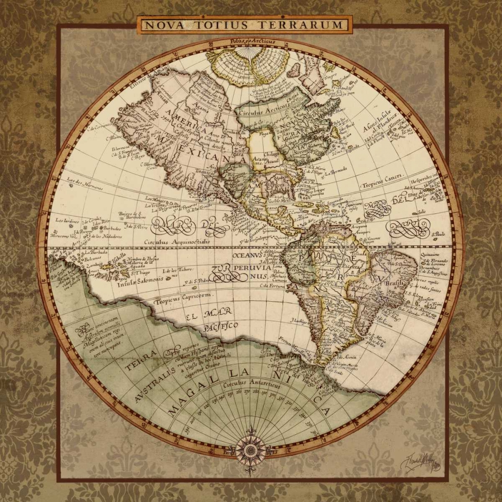 Wall art: Damask World Map I, by Medley, Elizabeth