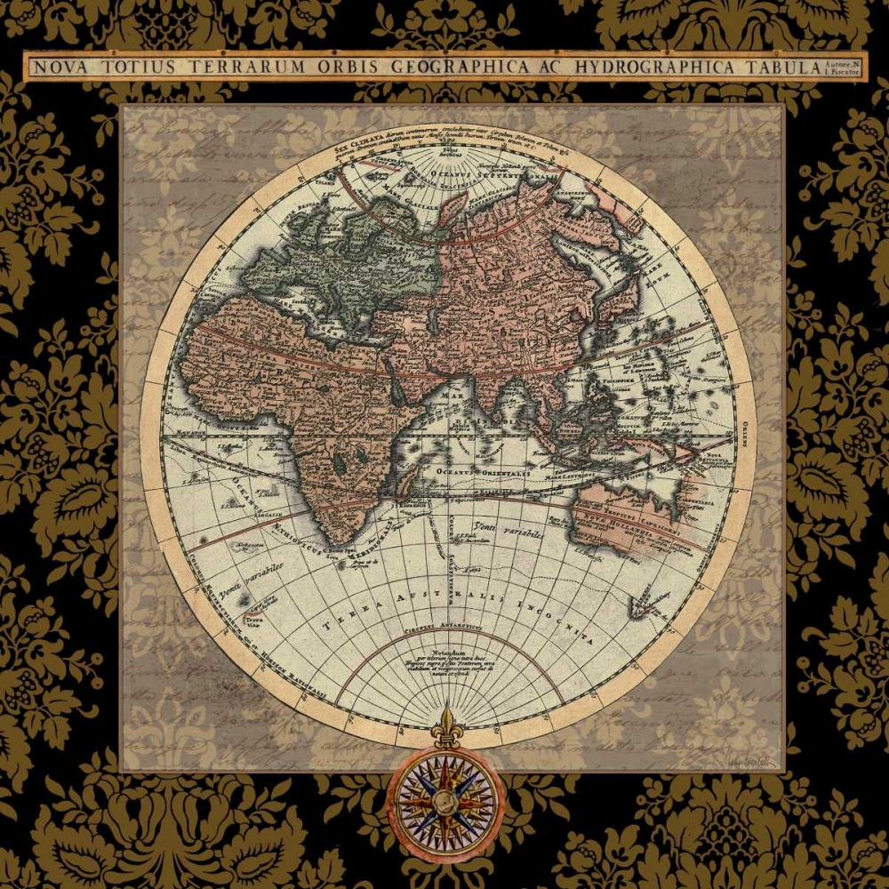 Wall art: Damask on Black Map I, by Medley, Elizabeth