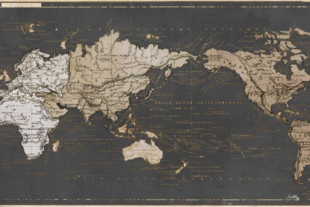 Wall Art Painting id:159846, Name: World Map in Gold and Gray, Artist: Medley, Elizabeth