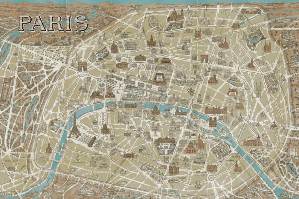 Wall art: Monuments of Paris Map Blue, by Wild Apple Portfolio