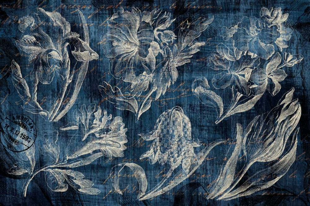 Art Print: Vintage Tulip Floral Etching Indigo