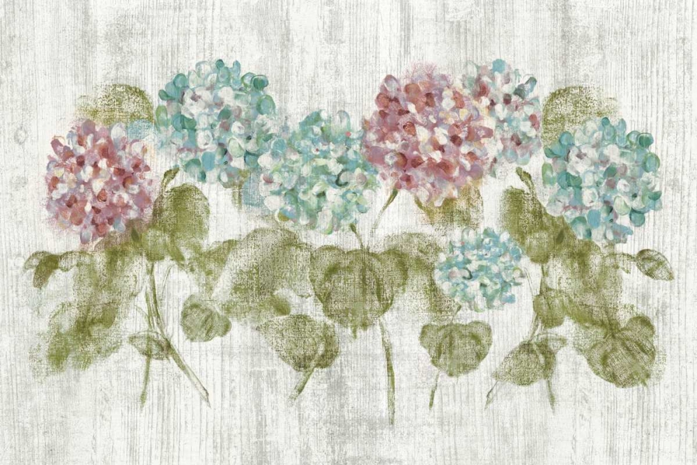 Wall Art Painting id:99422, Name: Vibrant Row of Hydrangea on Wood, Artist: Blum, Cheri