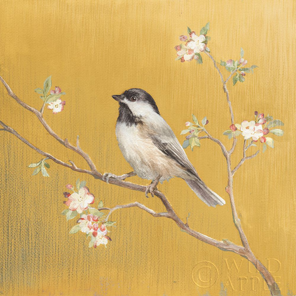 Wall Art Painting id:383821, Name: Black Capped Chickadee on Gold, Artist: Nai, Danhui