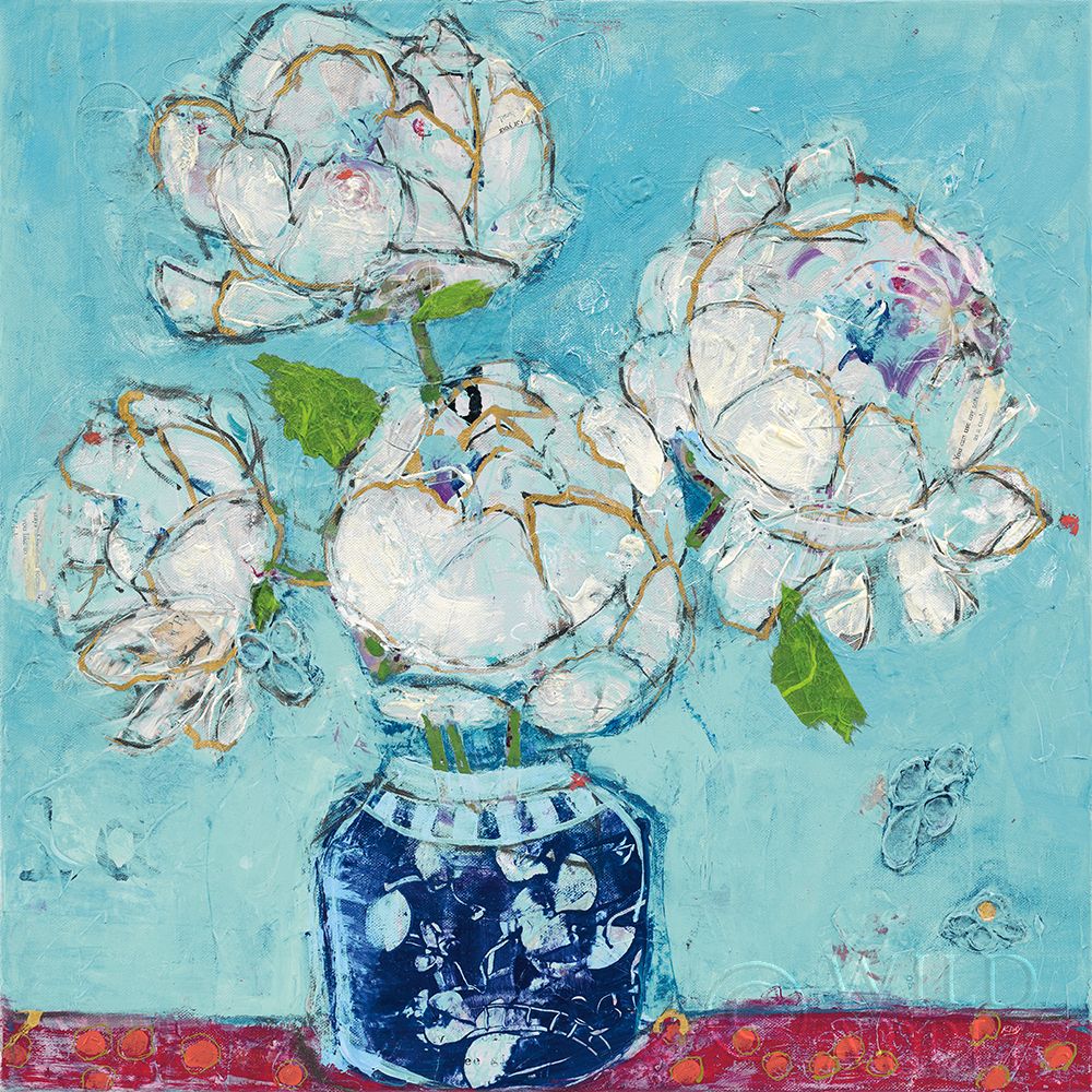 Art Print: Vase of Peonies Aqua