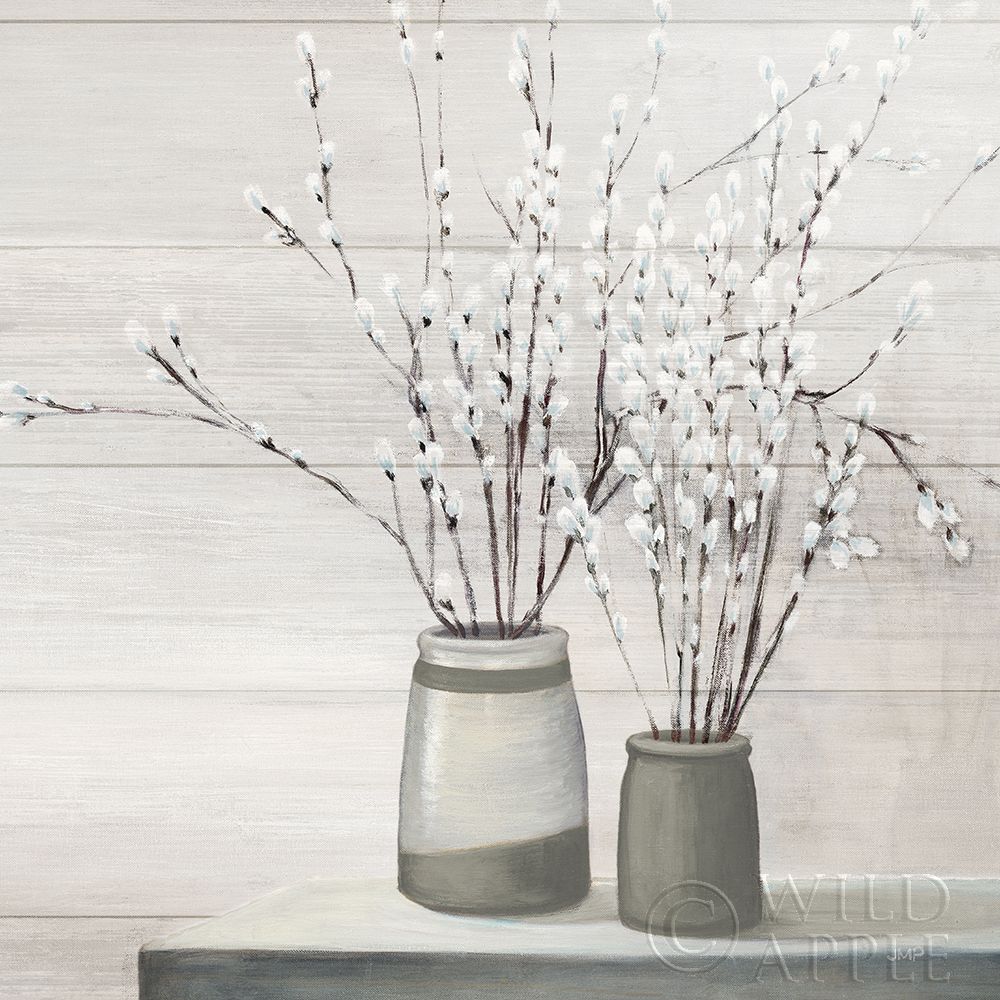 Wall Art Painting id:195189, Name: Pussy Willow Still Life Gray Pots Shiplap, Artist: Purinton, Julia