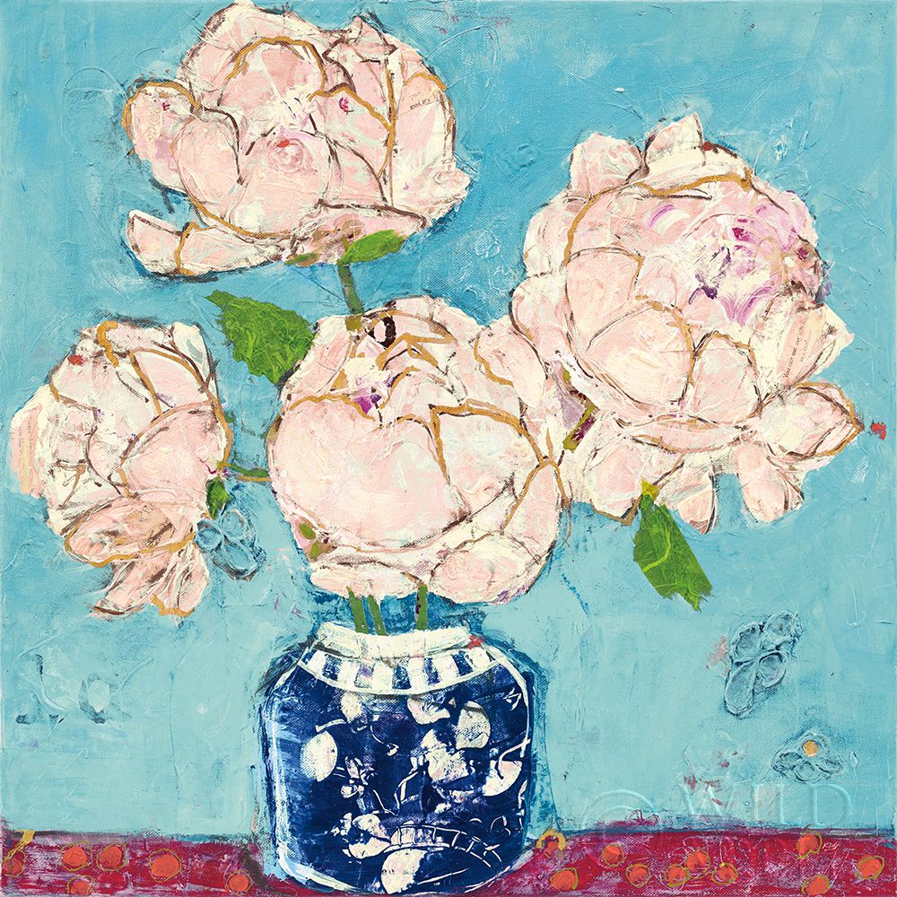 Art Print: Vase of Peonies Aqua Coral