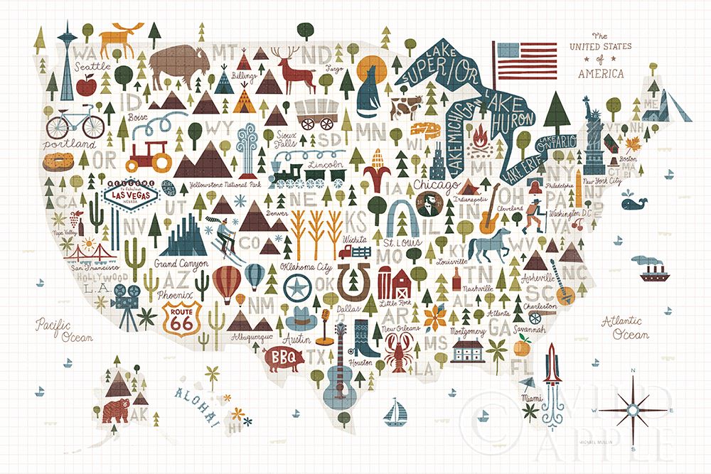 Wall Art Painting id:336052, Name: Illustrated USA Warm, Artist: Mullan, Michael