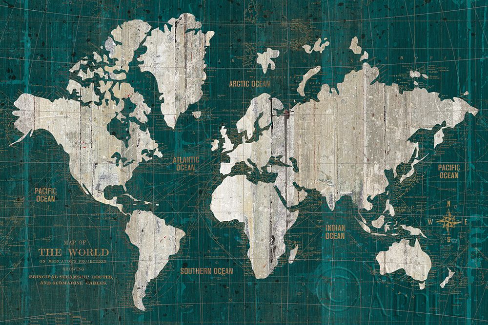 Wall Art Painting id:424034, Name: Old World Map Teal, Artist: Wild Apple Portfolio