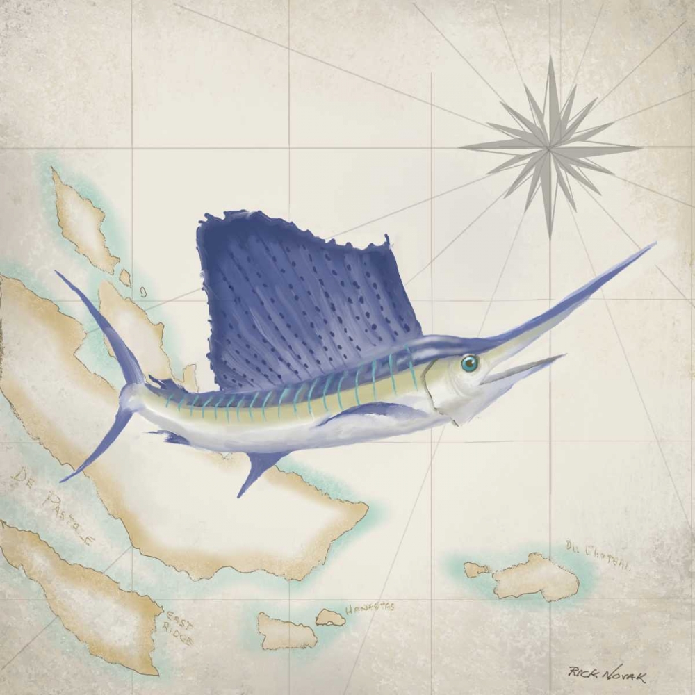 Wall Art Painting id:147388, Name: Sailfish Map II, Artist: Novak, Rick