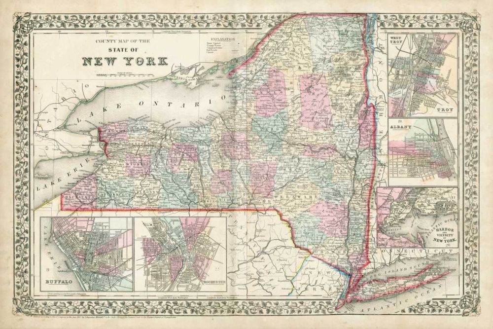 Wall Art Painting id:155356, Name: Johnsons Map of New York, Artist: Johnson