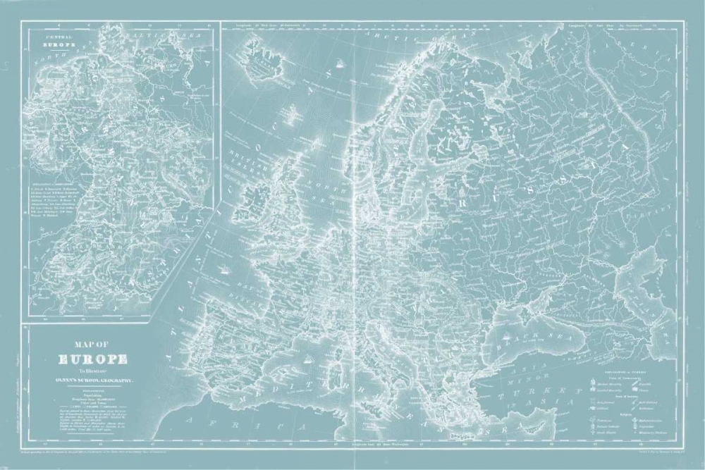 Wall Art Painting id:183546, Name: Map of Europe on Aqua, Artist: Mitchell
