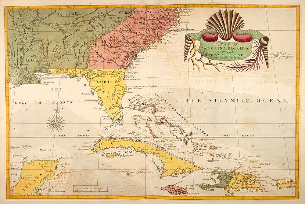 Wall Art Painting id:230571, Name: Map of Carolina, Florida and the Bahama Islands, Artist: Catesby, Mark