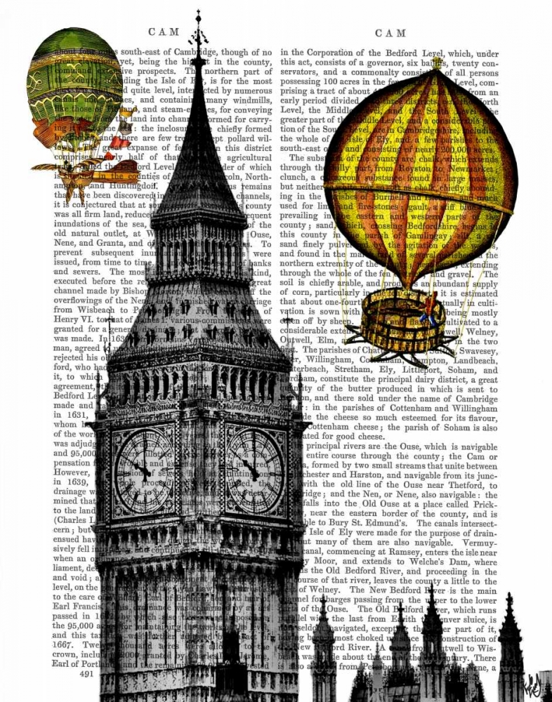 Wall art: Big Ben and Vintage Hot Air Balloons, by Fab Funky