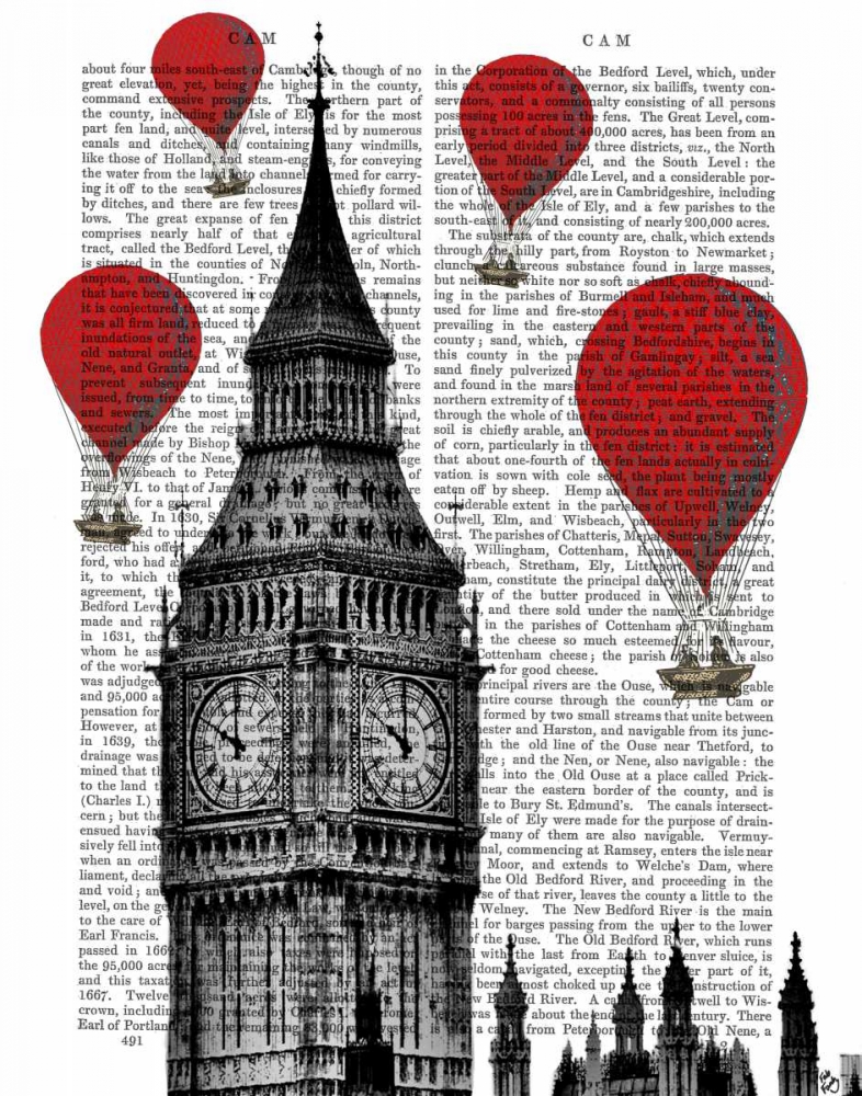 Wall art: Big Ben and Red Hot Air Balloons, by Fab Funky