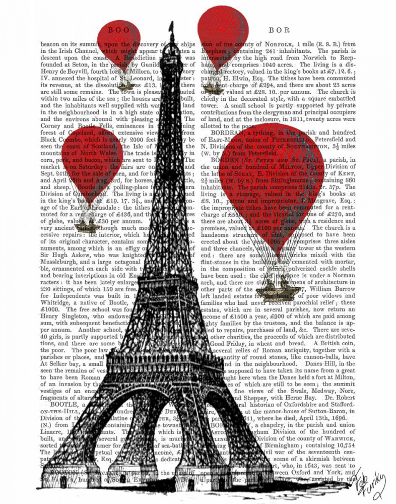 Wall art: Eiffel Tower and Red Hot Air Balloons, by Fab Funky