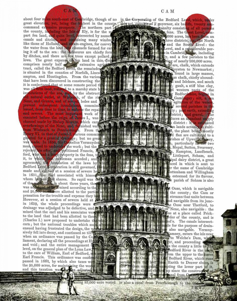 Wall art: Tower of Pisa and Red Hot Air Balloons, by Fab Funky
