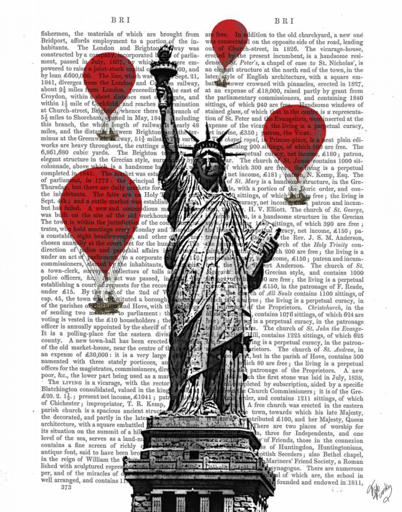 Wall art: Statue Of Liberty and Red Hot Air Balloons, by Fab Funky
