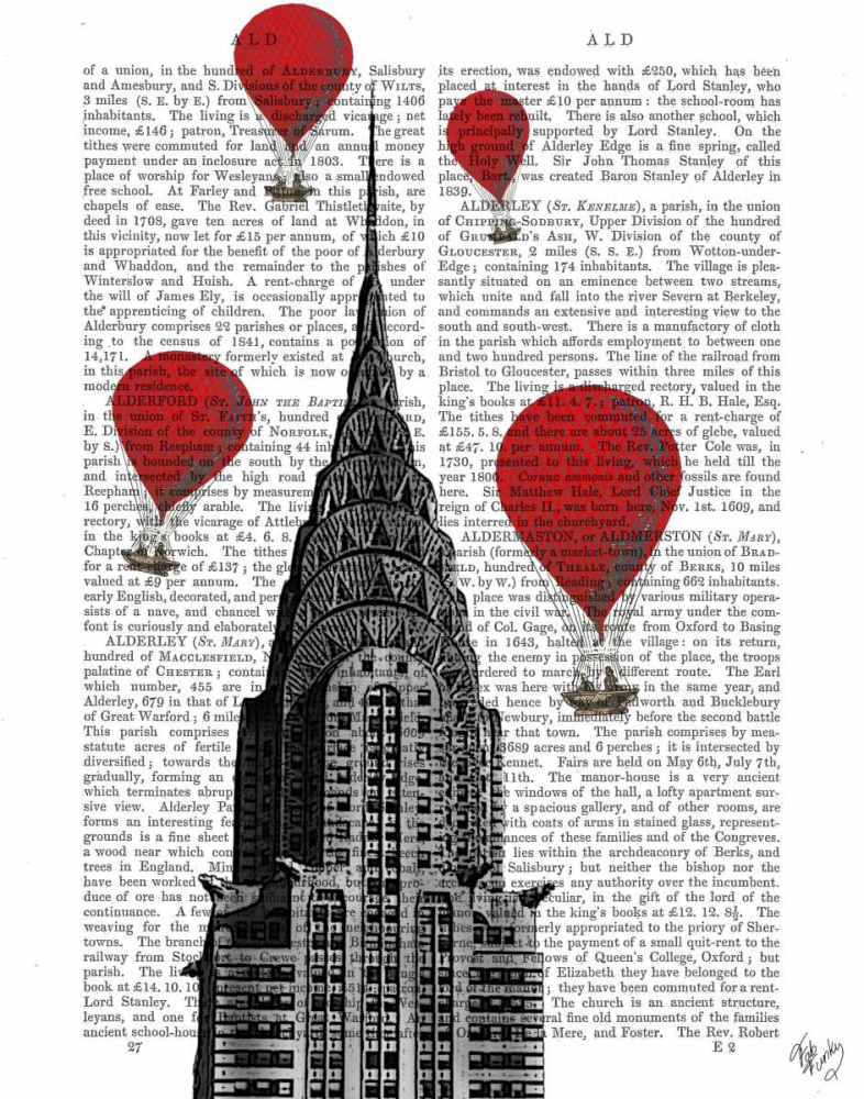 Wall art: Chrysler Building and Red Hot Air Balloons, by Fab Funky
