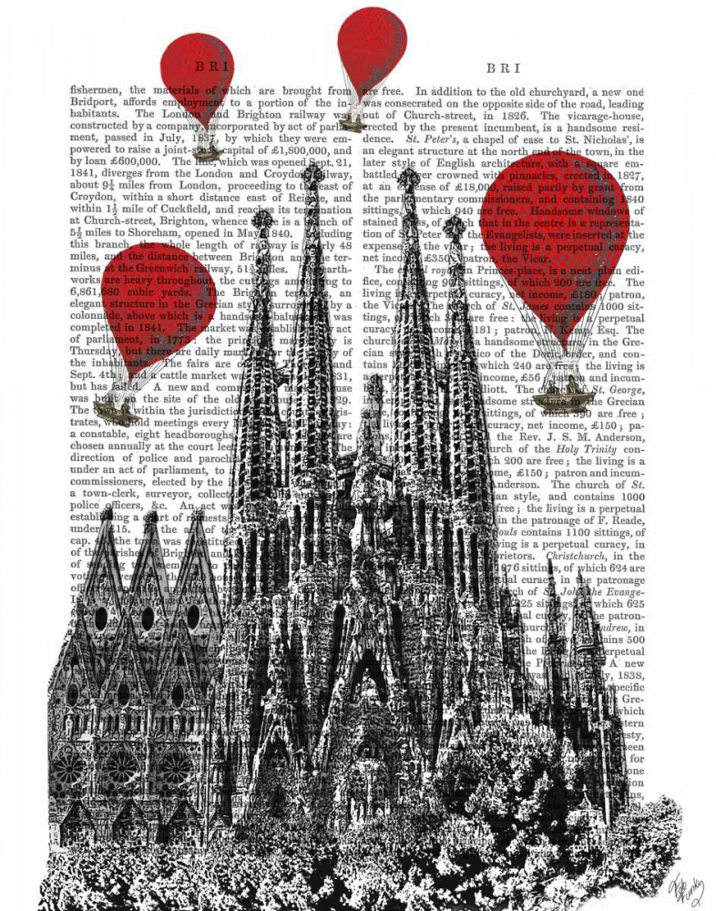 Wall Art Painting id:67735, Name: Sagrada Familia and Red Hot Air Balloons, Artist: Fab Funky