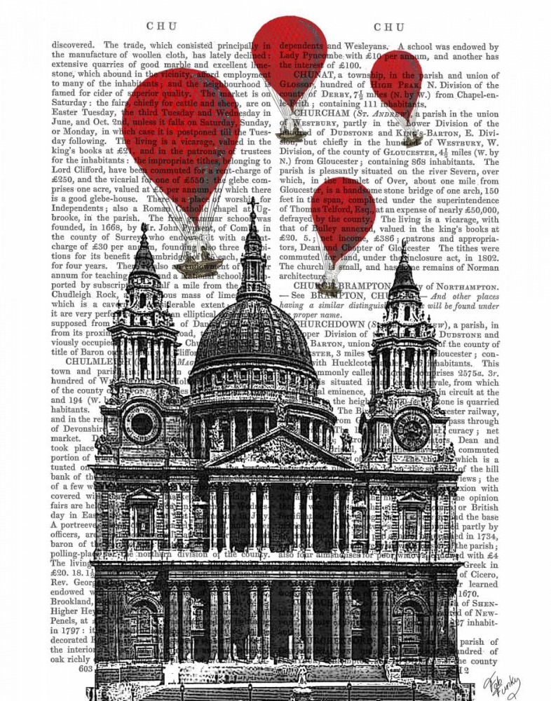 Wall art: St Pauls Cathedral and Red Hot Air Balloons, by Fab Funky