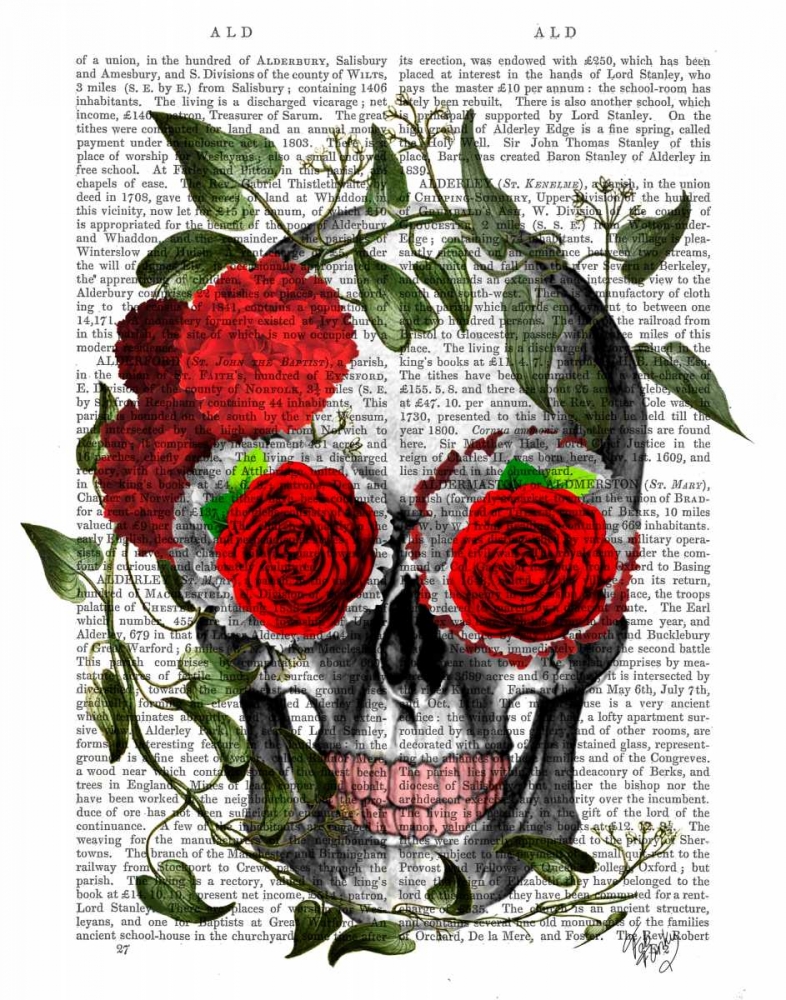 Wall Art Painting id:67749, Name: Skull With Roses And Vines, Artist: Fab Funky