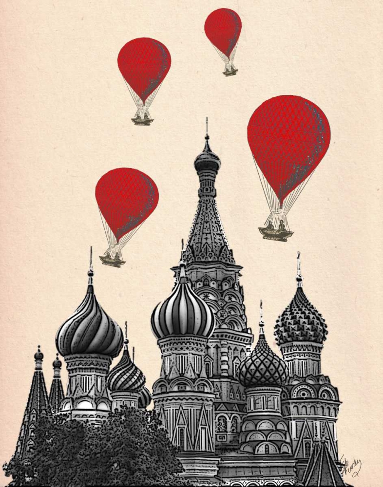 Wall Art Painting id:68070, Name: St Basils Cathedral and Red Hot Air Balloons, Artist: Fab Funky