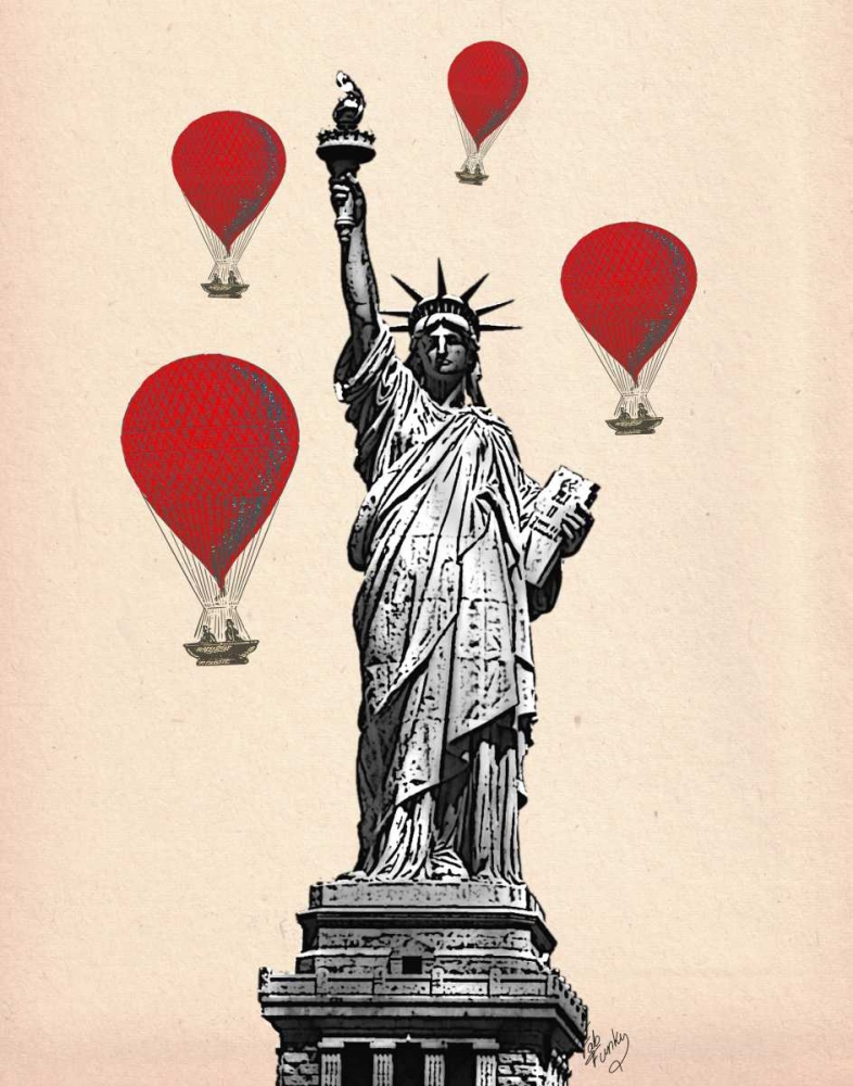 Wall Art Painting id:68071, Name: Statue Of Liberty and Red Hot Air Balloons, Artist: Fab Funky