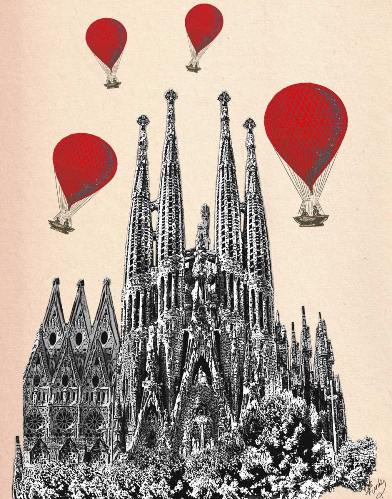 Wall Art Painting id:68075, Name: Sagrada Familia and Red Hot Air Balloons, Artist: Fab Funky