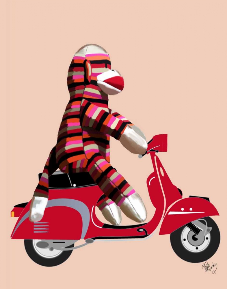 Wall art: Sock Monkey on Red Moped, by Fab Funky