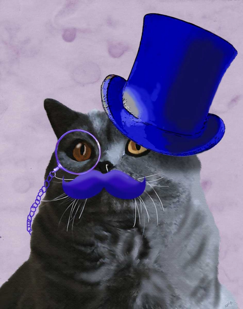 Wall art: Grey Cat With Blue Top Hat and Moustache, by Fab Funky