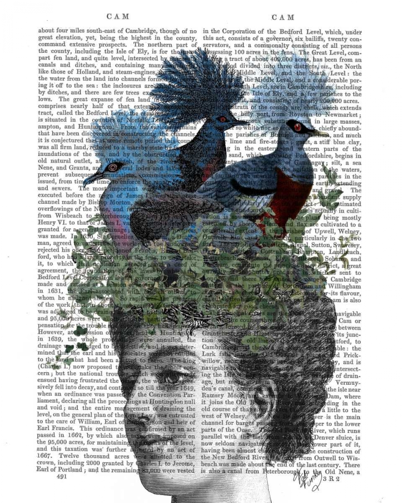 Wall art: Woman with Blue Birds On Head, by Fab Funky