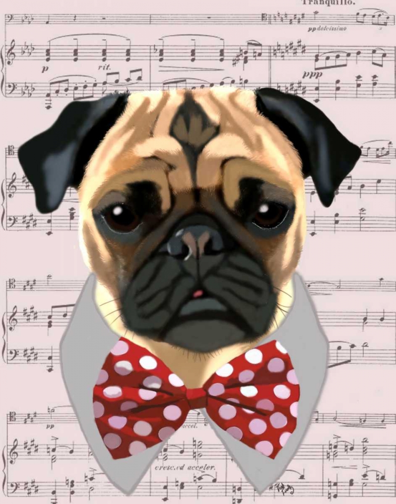 Wall art: Pug with Red and White Spotty Bow Tie, by Fab Funky