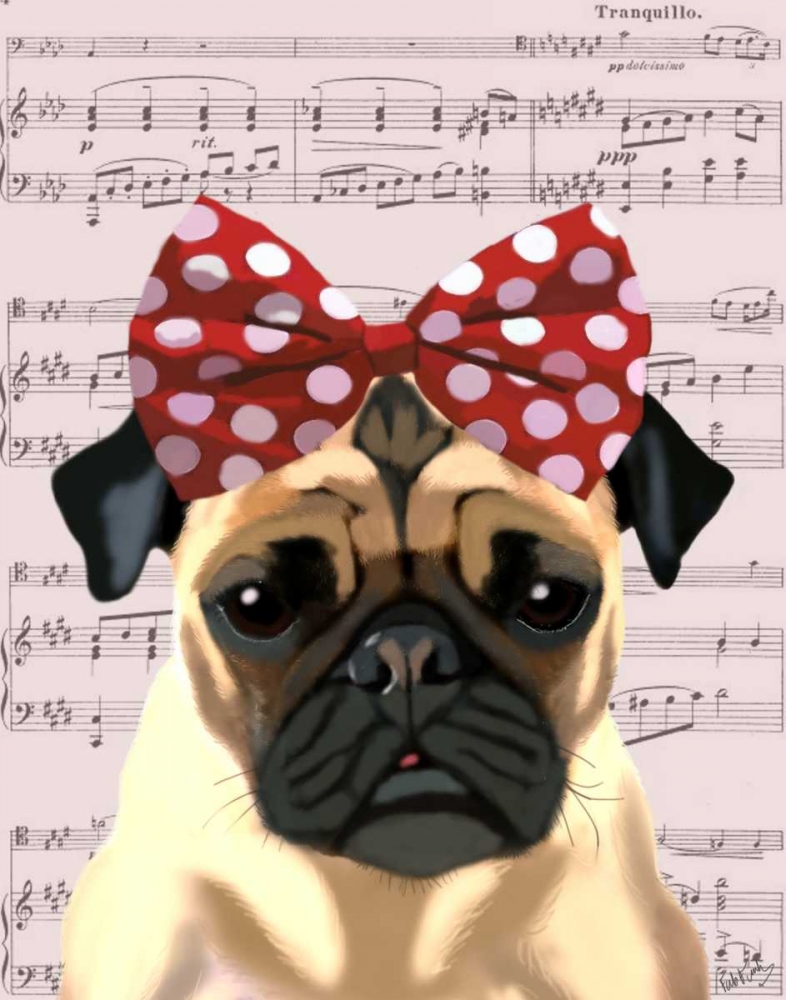 Wall art: Pug with Red Spotty Bow On Head, by Fab Funky