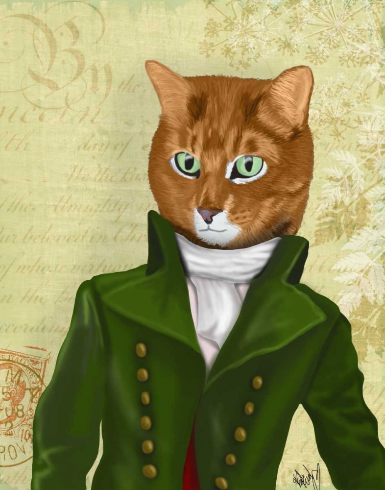 Wall art: Ginger Cat in Green Coat, by Fab Funky
