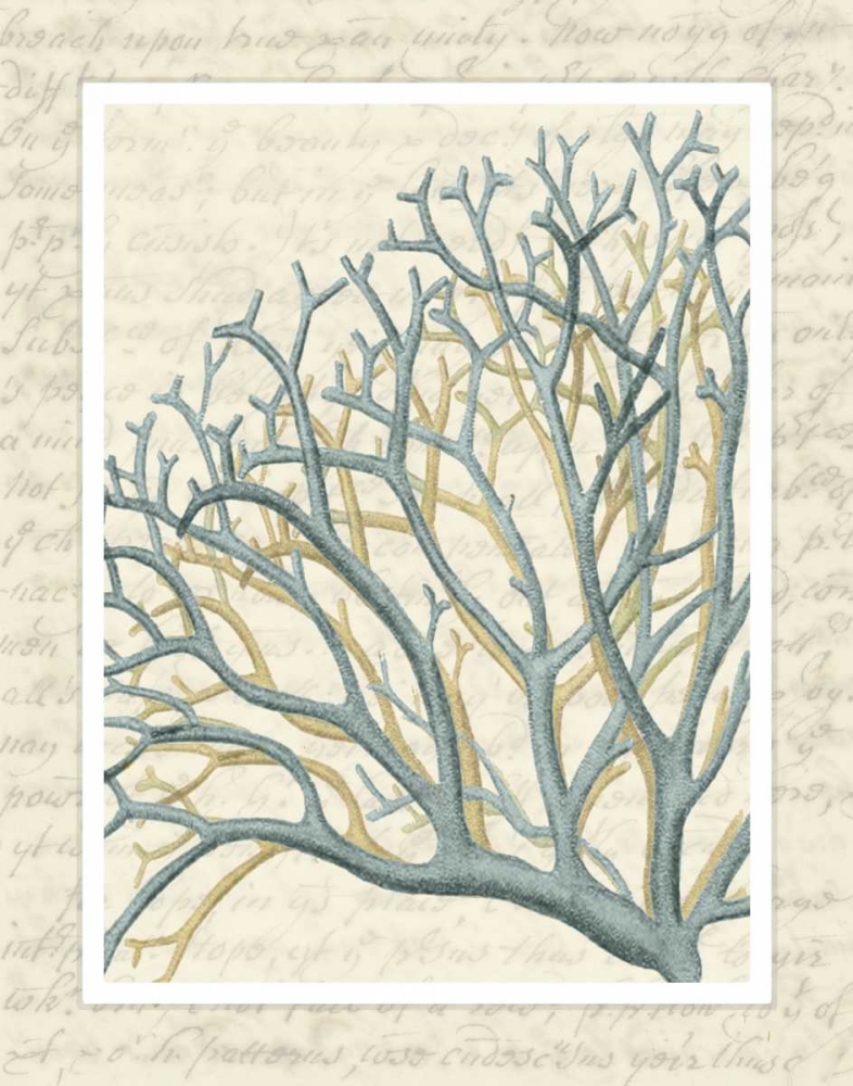 Art Print: Blue Corals On VIntage Script b