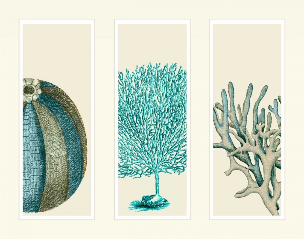 Art Print: Blue Corals and Sea Urchins in 3 Panels